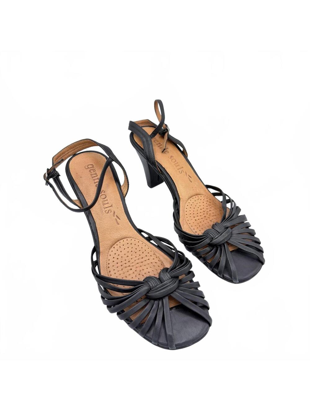 Gentle Souls Kenneth Cole Black Leather Knot Strappy Heel Sandals Ankle Strap 9M